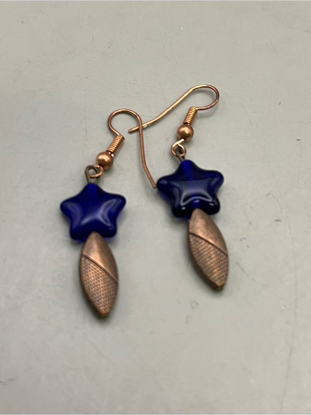 Handmade Copper Cobalt Blue Star Dangle Earrings Boho Celestial Glass Bead Drop